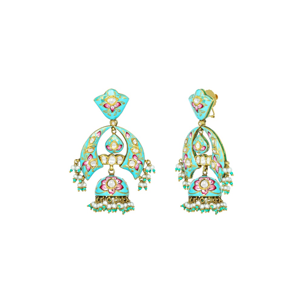 Pastel Enamel Jhumkas with Pearl and Turquoise Danglings